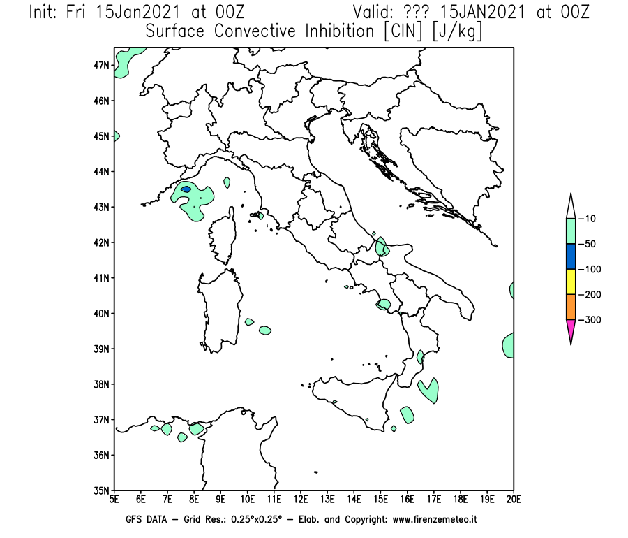 Mappa di analisi GFS - CIN [J/kg] in Italia
									del 15/01/2021 00 <!--googleoff: index-->UTC<!--googleon: index-->