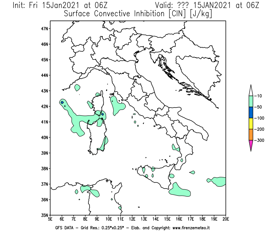 Mappa di analisi GFS - CIN [J/kg] in Italia
									del 15/01/2021 06 <!--googleoff: index-->UTC<!--googleon: index-->