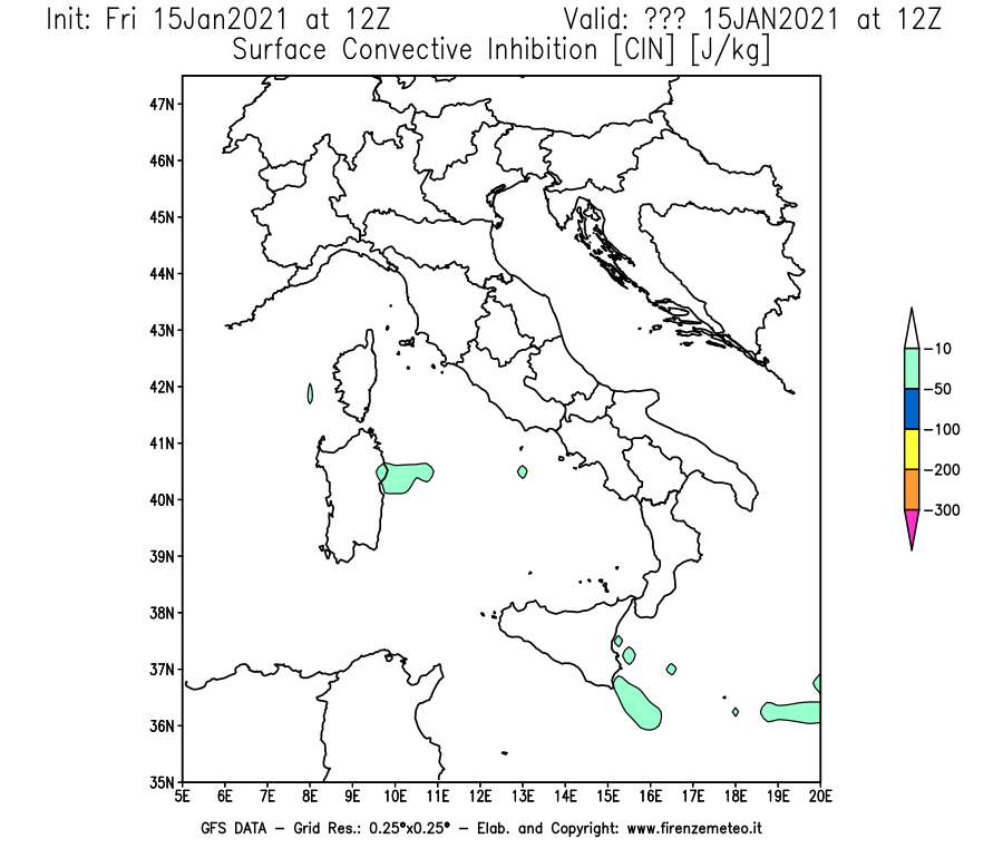 Mappa di analisi GFS - CIN [J/kg] in Italia
									del 15/01/2021 12 <!--googleoff: index-->UTC<!--googleon: index-->