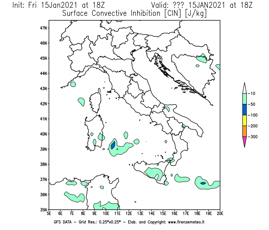 Mappa di analisi GFS - CIN [J/kg] in Italia
									del 15/01/2021 18 <!--googleoff: index-->UTC<!--googleon: index-->