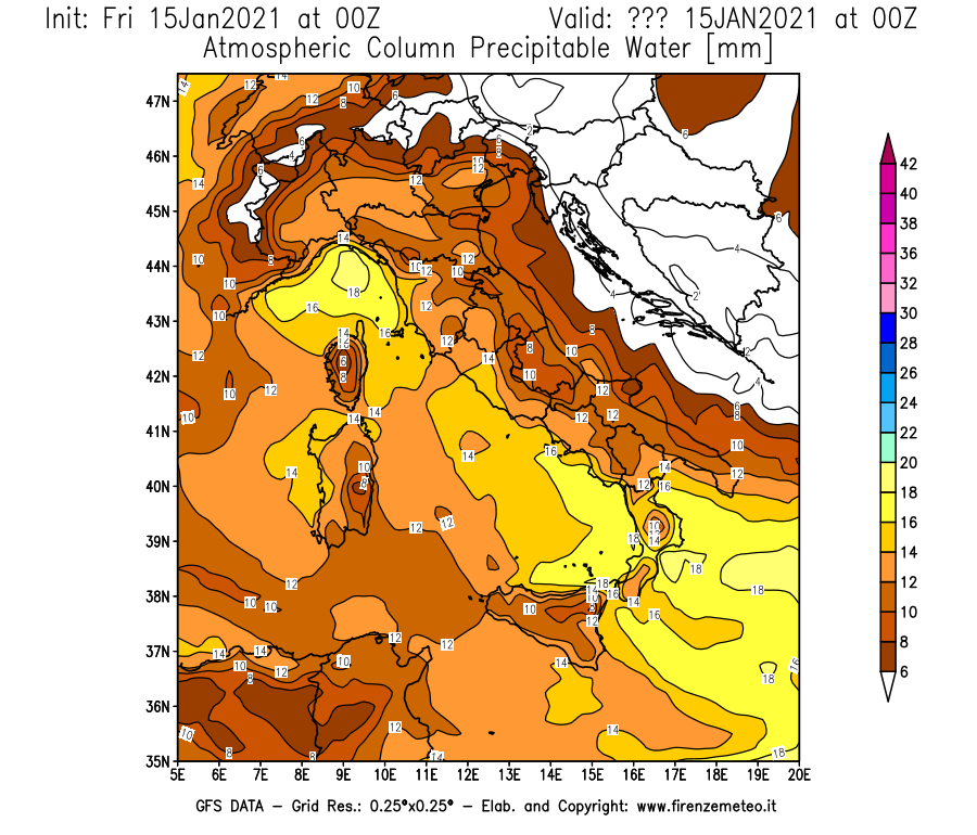 Mappa di analisi GFS - Precipitable Water [mm] in Italia
									del 15/01/2021 00 <!--googleoff: index-->UTC<!--googleon: index-->