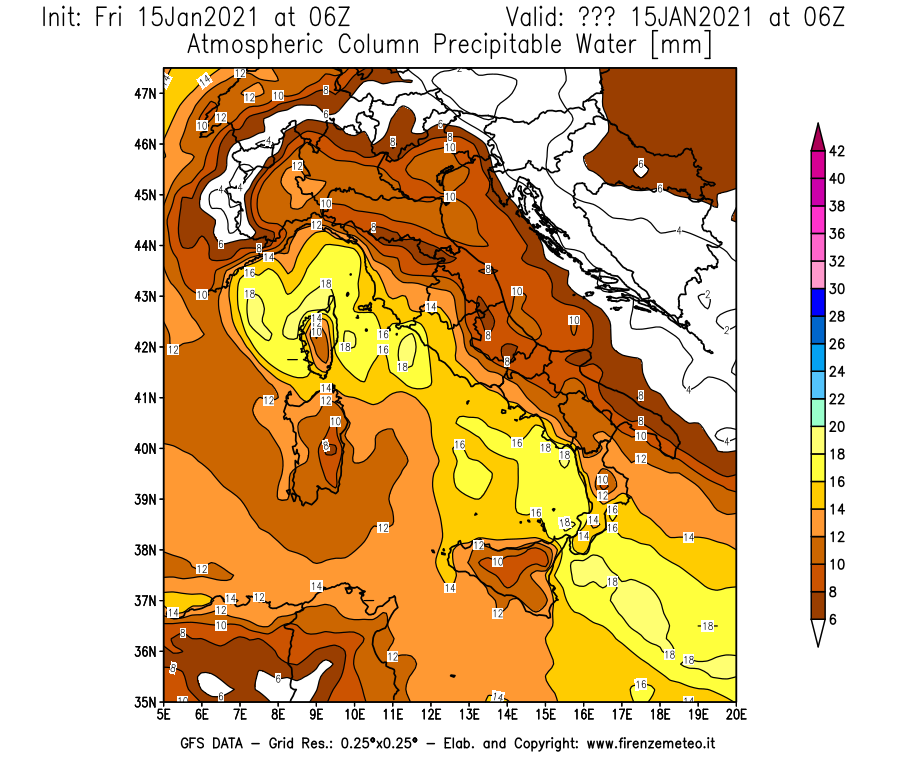 Mappa di analisi GFS - Precipitable Water [mm] in Italia
									del 15/01/2021 06 <!--googleoff: index-->UTC<!--googleon: index-->