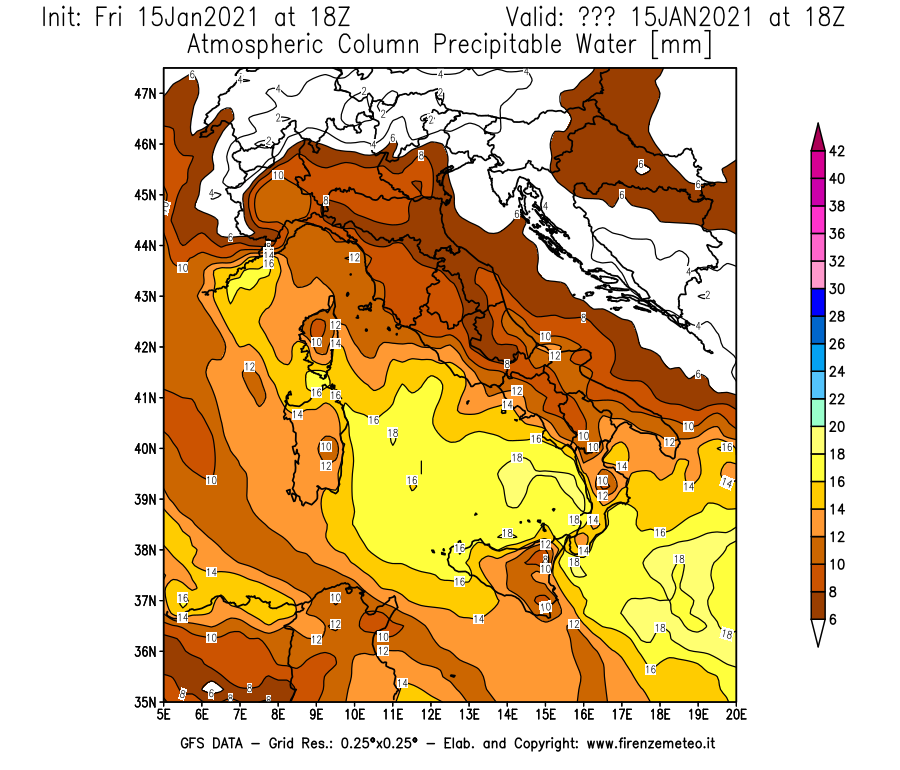 Mappa di analisi GFS - Precipitable Water [mm] in Italia
									del 15/01/2021 18 <!--googleoff: index-->UTC<!--googleon: index-->