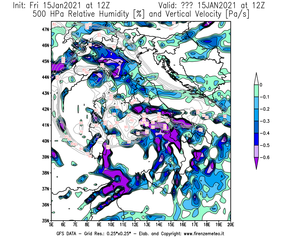 Mappa di analisi GFS - Umidità relativa [%] e Omega [Pa/s] a 500 hPa in Italia
									del 15/01/2021 12 <!--googleoff: index-->UTC<!--googleon: index-->