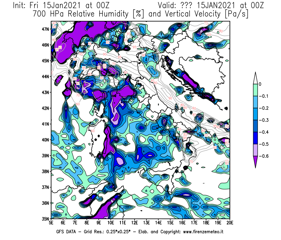Mappa di analisi GFS - Umidità relativa [%] e Omega [Pa/s] a 700 hPa in Italia
									del 15/01/2021 00 <!--googleoff: index-->UTC<!--googleon: index-->