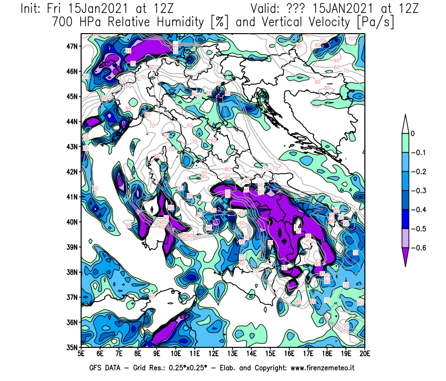 Mappa di analisi GFS - Umidità relativa [%] e Omega [Pa/s] a 700 hPa in Italia
									del 15/01/2021 12 <!--googleoff: index-->UTC<!--googleon: index-->