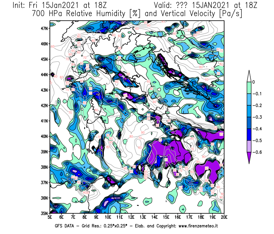 Mappa di analisi GFS - Umidità relativa [%] e Omega [Pa/s] a 700 hPa in Italia
									del 15/01/2021 18 <!--googleoff: index-->UTC<!--googleon: index-->