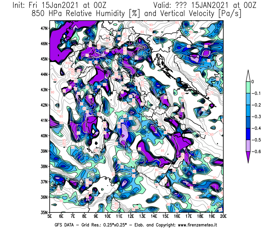 Mappa di analisi GFS - Umidità relativa [%] e Omega [Pa/s] a 850 hPa in Italia
									del 15/01/2021 00 <!--googleoff: index-->UTC<!--googleon: index-->