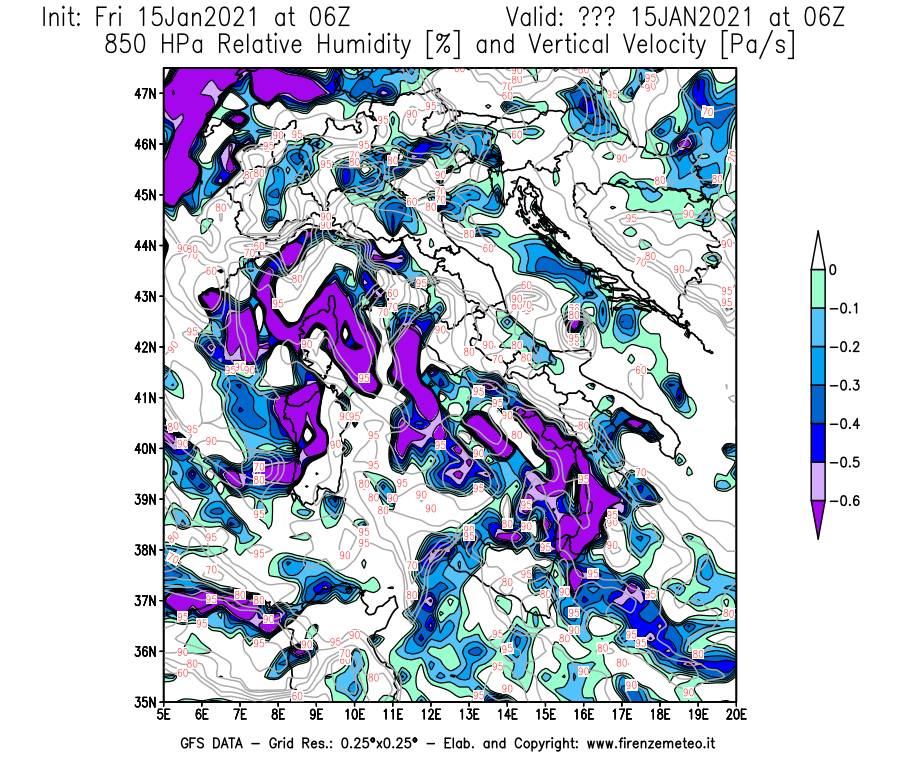 Mappa di analisi GFS - Umidità relativa [%] e Omega [Pa/s] a 850 hPa in Italia
									del 15/01/2021 06 <!--googleoff: index-->UTC<!--googleon: index-->