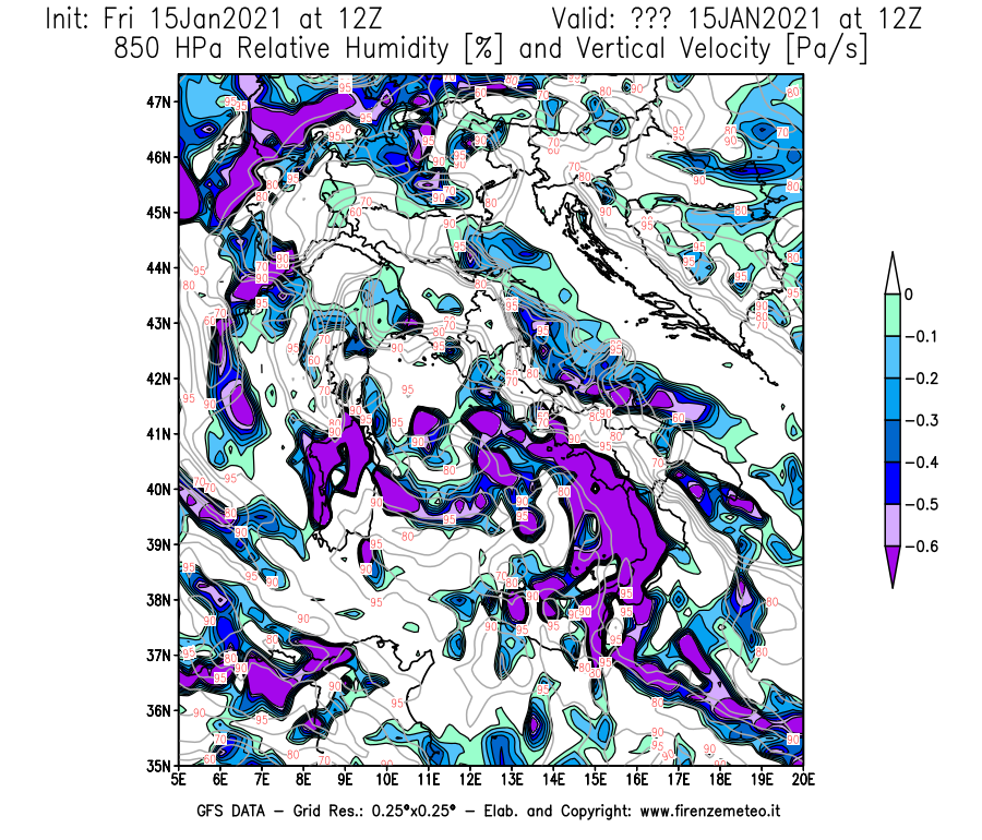 Mappa di analisi GFS - Umidità relativa [%] e Omega [Pa/s] a 850 hPa in Italia
									del 15/01/2021 12 <!--googleoff: index-->UTC<!--googleon: index-->