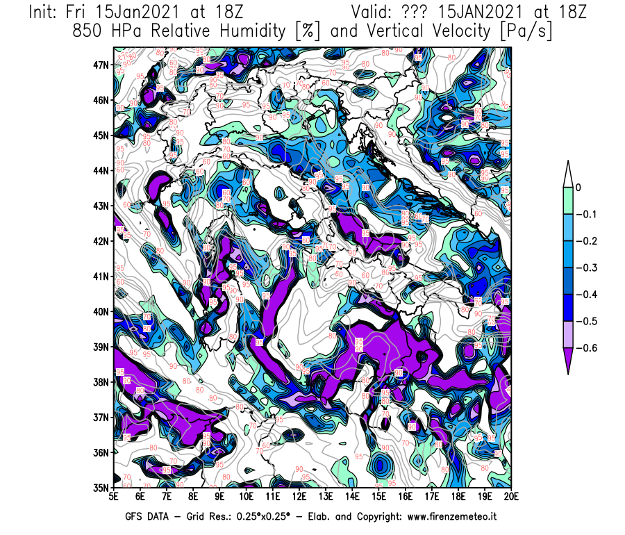 Mappa di analisi GFS - Umidità relativa [%] e Omega [Pa/s] a 850 hPa in Italia
									del 15/01/2021 18 <!--googleoff: index-->UTC<!--googleon: index-->