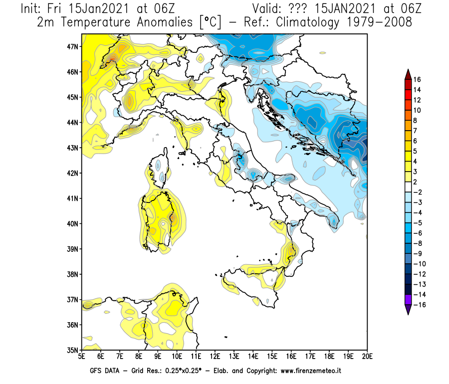 Mappa di analisi GFS - Anomalia Temperatura [°C] a 2 m in Italia
									del 15/01/2021 06 <!--googleoff: index-->UTC<!--googleon: index-->
