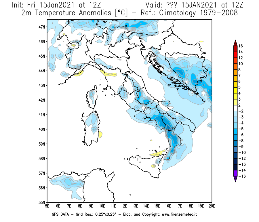 Mappa di analisi GFS - Anomalia Temperatura [°C] a 2 m in Italia
									del 15/01/2021 12 <!--googleoff: index-->UTC<!--googleon: index-->