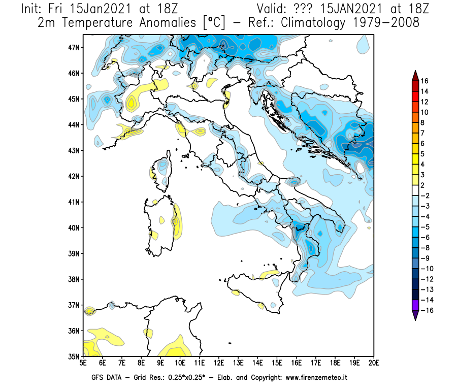 Mappa di analisi GFS - Anomalia Temperatura [°C] a 2 m in Italia
									del 15/01/2021 18 <!--googleoff: index-->UTC<!--googleon: index-->