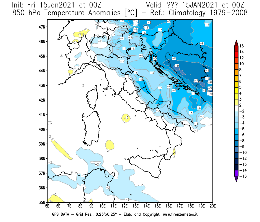 Mappa di analisi GFS - Anomalia Temperatura [°C] a 850 hPa in Italia
									del 15/01/2021 00 <!--googleoff: index-->UTC<!--googleon: index-->