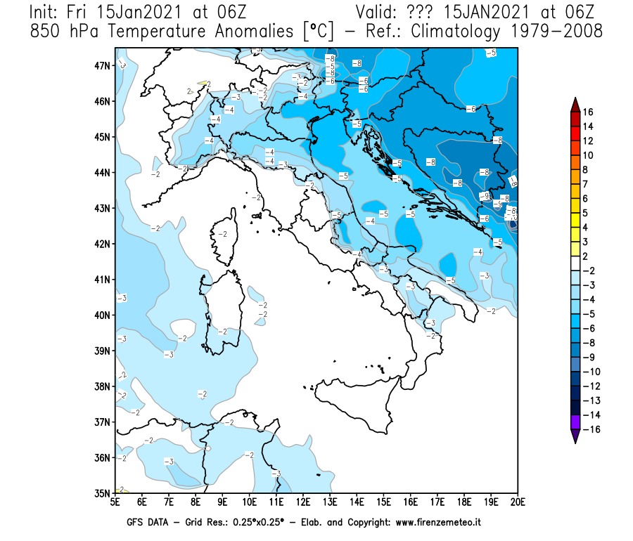 Mappa di analisi GFS - Anomalia Temperatura [°C] a 850 hPa in Italia
									del 15/01/2021 06 <!--googleoff: index-->UTC<!--googleon: index-->