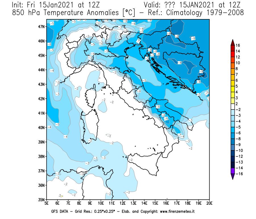 Mappa di analisi GFS - Anomalia Temperatura [°C] a 850 hPa in Italia
									del 15/01/2021 12 <!--googleoff: index-->UTC<!--googleon: index-->