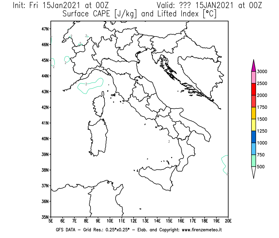 Mappa di analisi GFS - CAPE [J/kg] e Lifted Index [°C] in Italia
									del 15/01/2021 00 <!--googleoff: index-->UTC<!--googleon: index-->