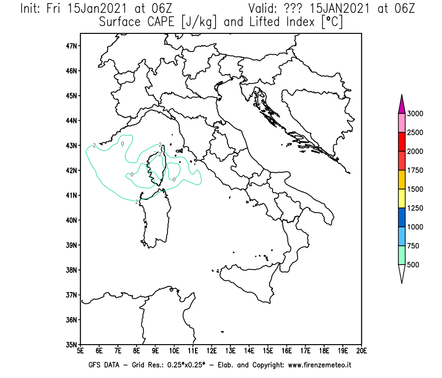 Mappa di analisi GFS - CAPE [J/kg] e Lifted Index [°C] in Italia
									del 15/01/2021 06 <!--googleoff: index-->UTC<!--googleon: index-->