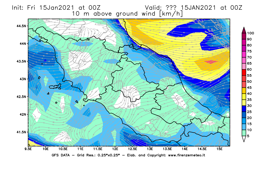 Mappa di analisi GFS - Velocità del vento a 10 metri dal suolo [km/h] in Centro-Italia
									del 15/01/2021 00 <!--googleoff: index-->UTC<!--googleon: index-->
