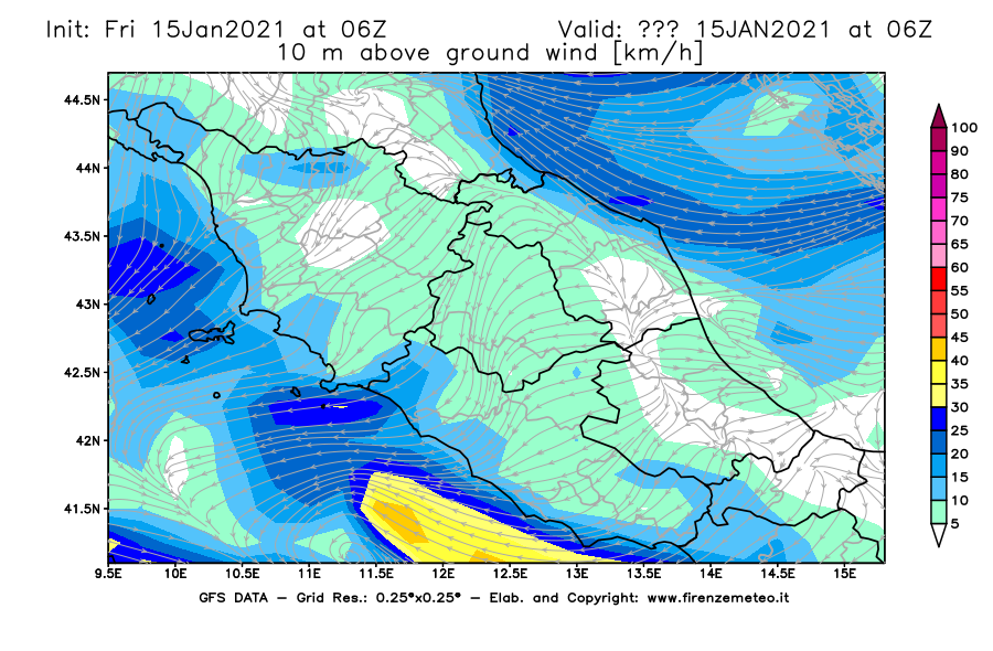 Mappa di analisi GFS - Velocità del vento a 10 metri dal suolo [km/h] in Centro-Italia
									del 15/01/2021 06 <!--googleoff: index-->UTC<!--googleon: index-->