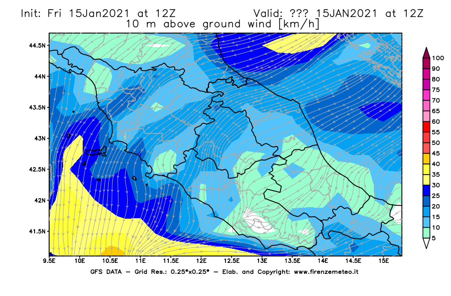 Mappa di analisi GFS - Velocità del vento a 10 metri dal suolo [km/h] in Centro-Italia
									del 15/01/2021 12 <!--googleoff: index-->UTC<!--googleon: index-->