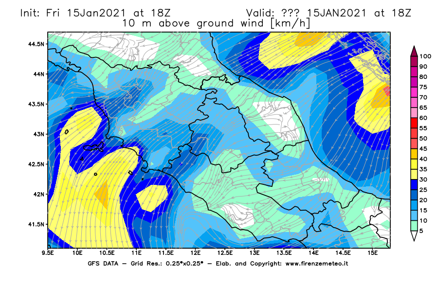 Mappa di analisi GFS - Velocità del vento a 10 metri dal suolo [km/h] in Centro-Italia
									del 15/01/2021 18 <!--googleoff: index-->UTC<!--googleon: index-->