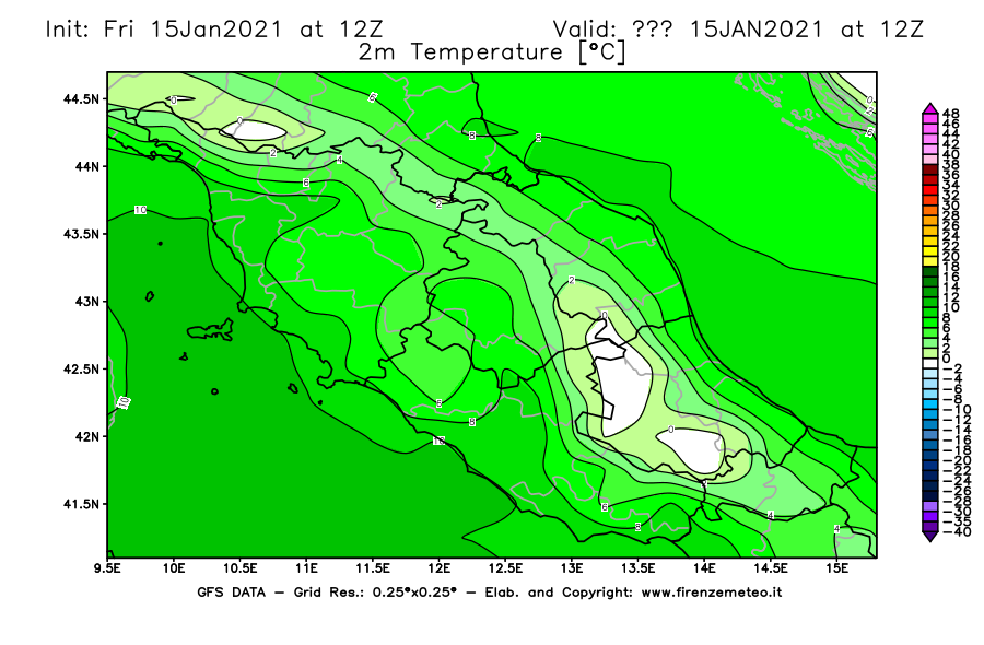 Mappa di analisi GFS - Temperatura a 2 metri dal suolo [°C] in Centro-Italia
									del 15/01/2021 12 <!--googleoff: index-->UTC<!--googleon: index-->