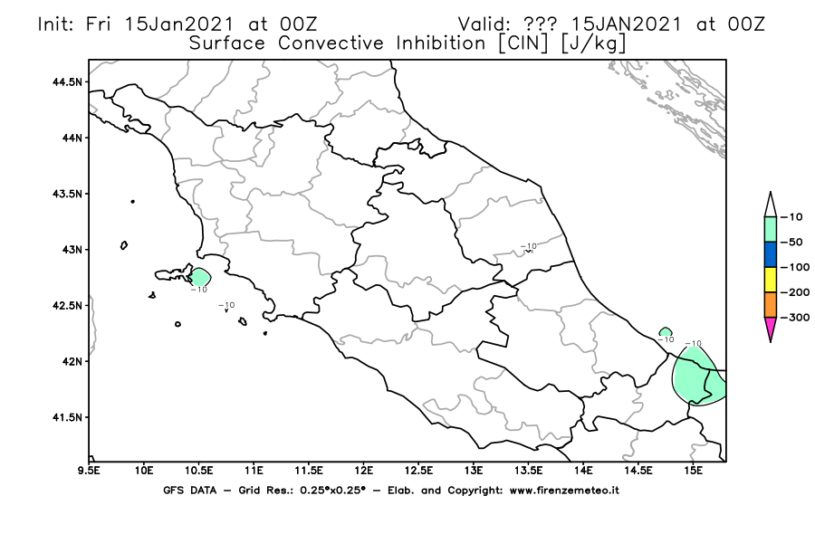 Mappa di analisi GFS - CIN [J/kg] in Centro-Italia
									del 15/01/2021 00 <!--googleoff: index-->UTC<!--googleon: index-->