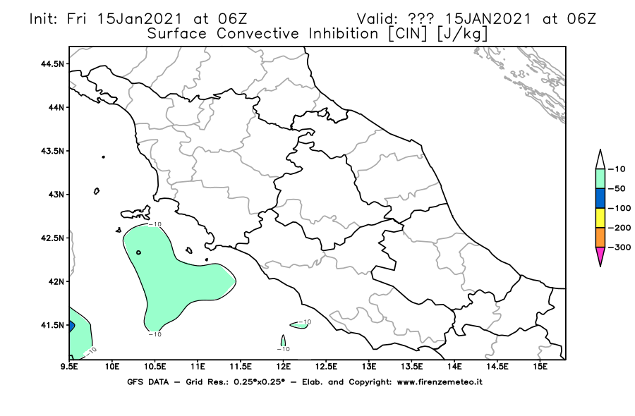 Mappa di analisi GFS - CIN [J/kg] in Centro-Italia
									del 15/01/2021 06 <!--googleoff: index-->UTC<!--googleon: index-->