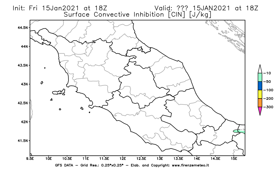 Mappa di analisi GFS - CIN [J/kg] in Centro-Italia
									del 15/01/2021 18 <!--googleoff: index-->UTC<!--googleon: index-->