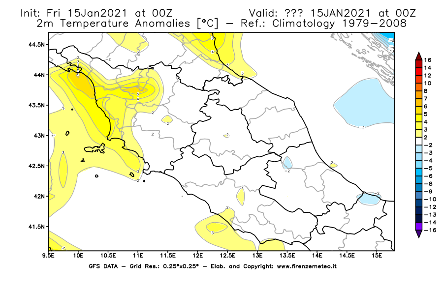 Mappa di analisi GFS - Anomalia Temperatura [°C] a 2 m in Centro-Italia
									del 15/01/2021 00 <!--googleoff: index-->UTC<!--googleon: index-->