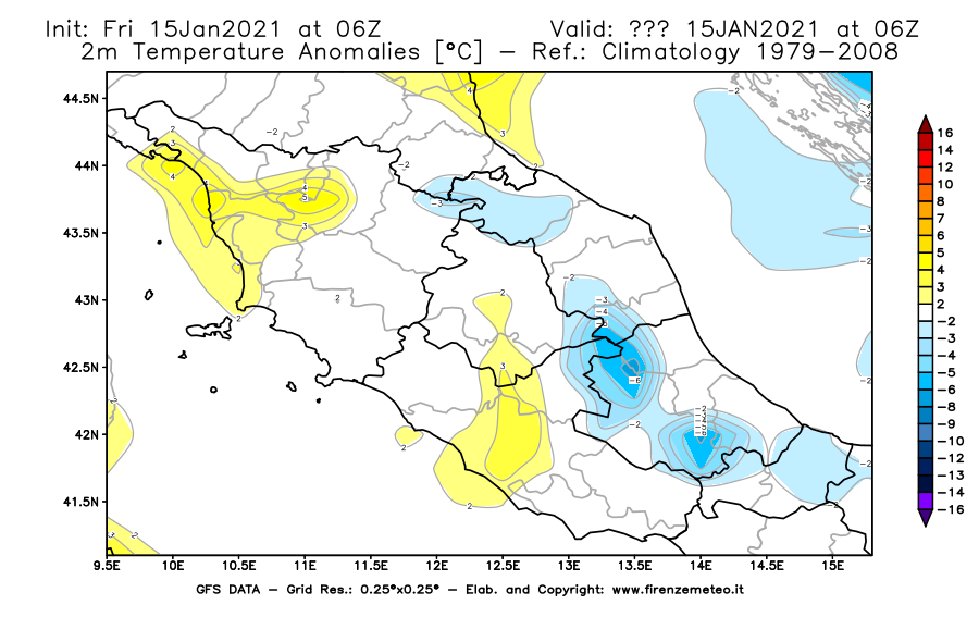 Mappa di analisi GFS - Anomalia Temperatura [°C] a 2 m in Centro-Italia
									del 15/01/2021 06 <!--googleoff: index-->UTC<!--googleon: index-->