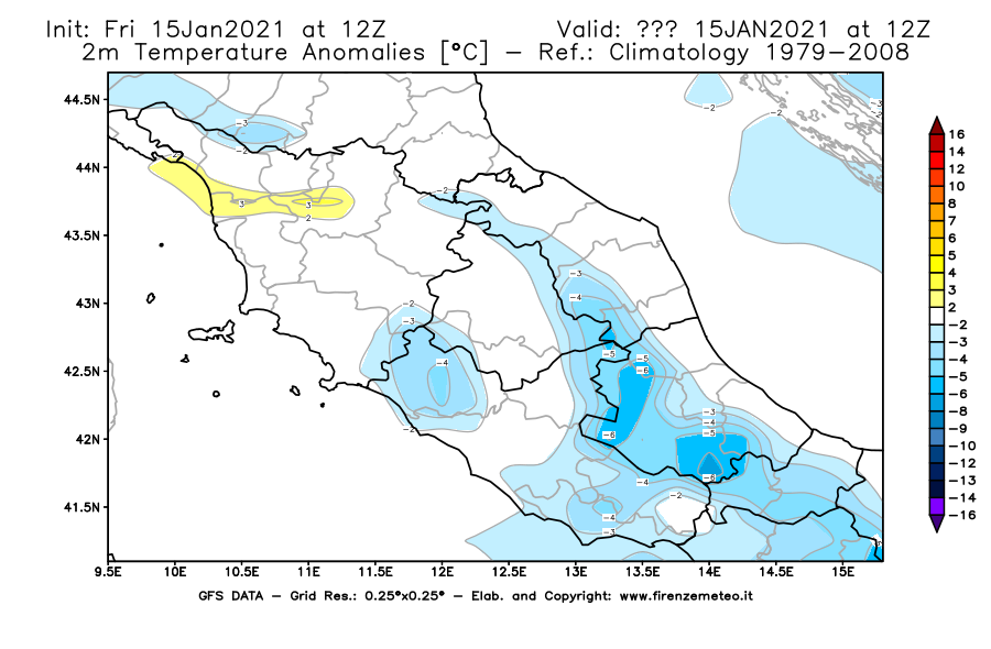 Mappa di analisi GFS - Anomalia Temperatura [°C] a 2 m in Centro-Italia
									del 15/01/2021 12 <!--googleoff: index-->UTC<!--googleon: index-->