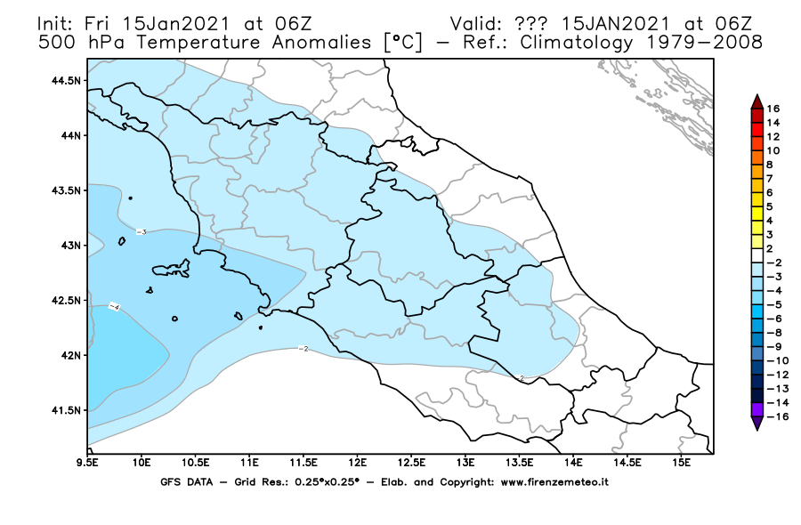 Mappa di analisi GFS - Anomalia Temperatura [°C] a 500 hPa in Centro-Italia
									del 15/01/2021 06 <!--googleoff: index-->UTC<!--googleon: index-->