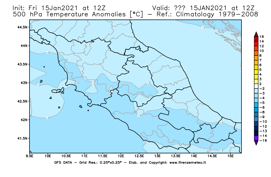 Mappa di analisi GFS - Anomalia Temperatura [°C] a 500 hPa in Centro-Italia
									del 15/01/2021 12 <!--googleoff: index-->UTC<!--googleon: index-->