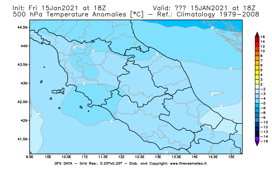 Mappa di analisi GFS - Anomalia Temperatura [°C] a 500 hPa in Centro-Italia
									del 15/01/2021 18 <!--googleoff: index-->UTC<!--googleon: index-->