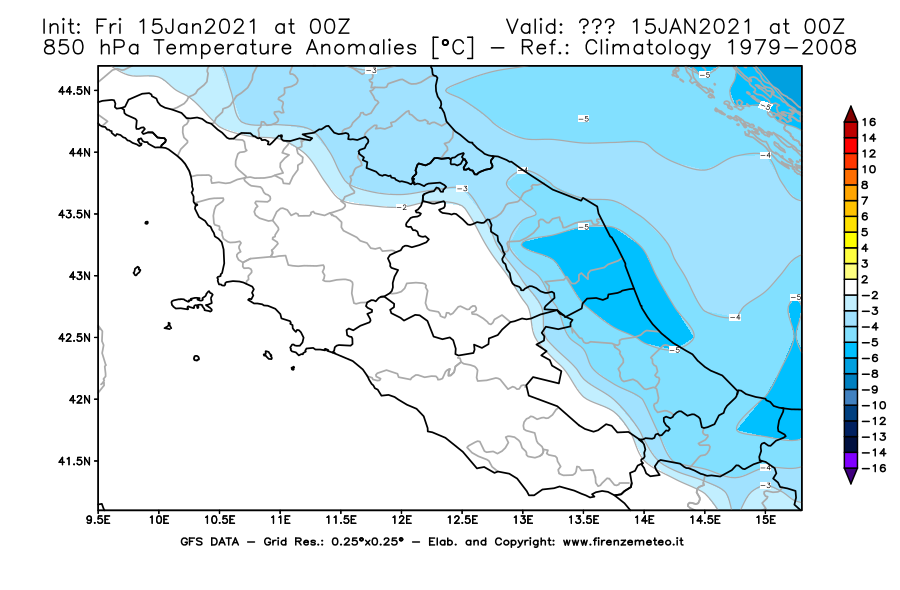 Mappa di analisi GFS - Anomalia Temperatura [°C] a 850 hPa in Centro-Italia
									del 15/01/2021 00 <!--googleoff: index-->UTC<!--googleon: index-->