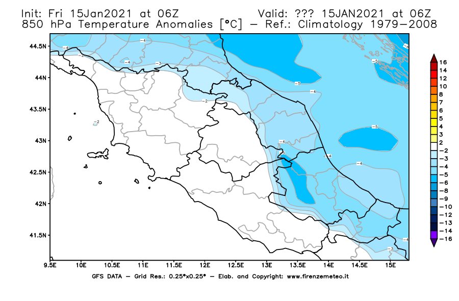 Mappa di analisi GFS - Anomalia Temperatura [°C] a 850 hPa in Centro-Italia
									del 15/01/2021 06 <!--googleoff: index-->UTC<!--googleon: index-->
