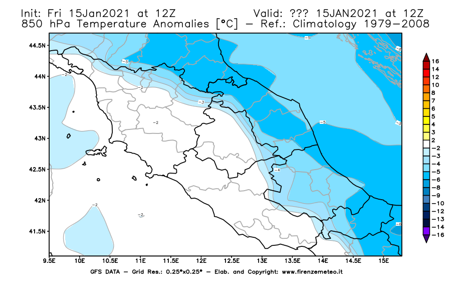 Mappa di analisi GFS - Anomalia Temperatura [°C] a 850 hPa in Centro-Italia
									del 15/01/2021 12 <!--googleoff: index-->UTC<!--googleon: index-->