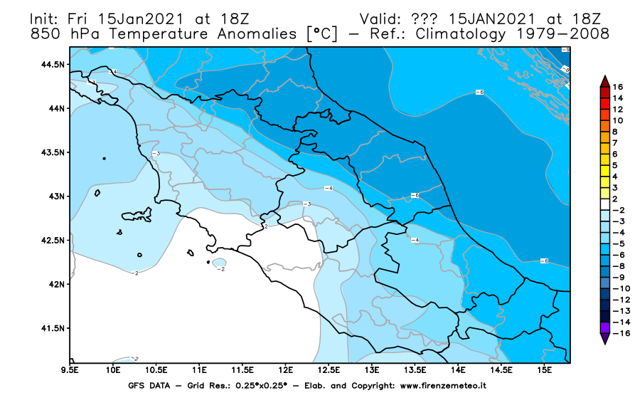 Mappa di analisi GFS - Anomalia Temperatura [°C] a 850 hPa in Centro-Italia
									del 15/01/2021 18 <!--googleoff: index-->UTC<!--googleon: index-->