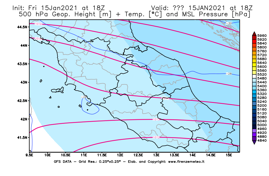 Mappa di analisi GFS - Geopotenziale [m] + Temp. [°C] a 500 hPa + Press. a livello del mare [hPa] in Centro-Italia
									del 15/01/2021 18 <!--googleoff: index-->UTC<!--googleon: index-->