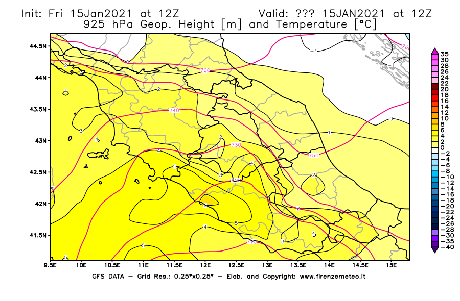 Mappa di analisi GFS - Geopotenziale [m] e Temperatura [°C] a 925 hPa in Centro-Italia
									del 15/01/2021 12 <!--googleoff: index-->UTC<!--googleon: index-->