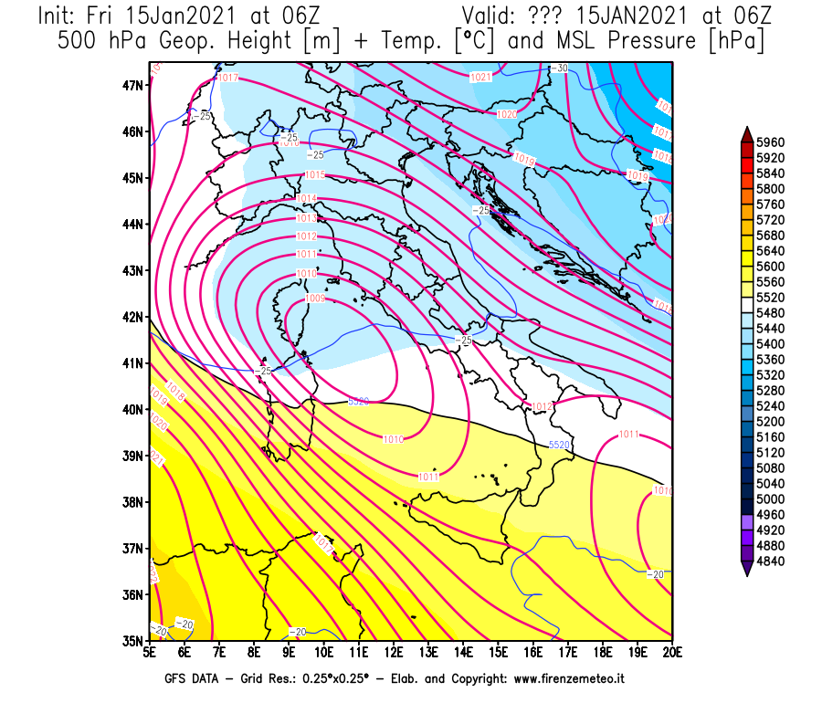 Mappa di analisi GFS - Geopotenziale [m] + Temp. [°C] a 500 hPa + Press. a livello del mare [hPa] in Italia
									del 15/01/2021 06 <!--googleoff: index-->UTC<!--googleon: index-->