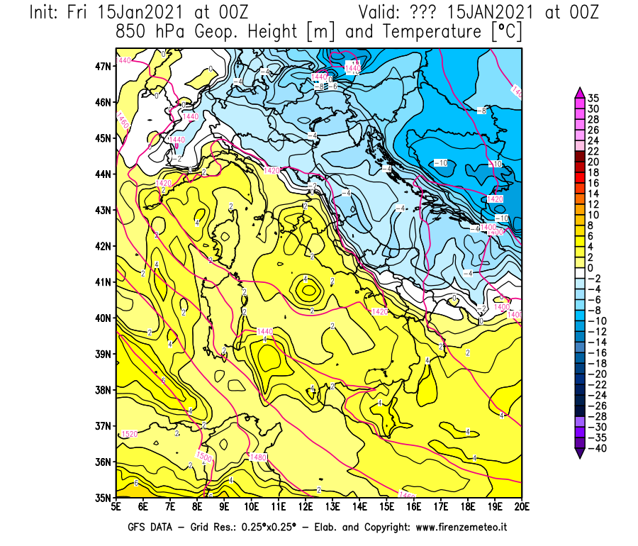 Mappa di analisi GFS - Geopotenziale [m] e Temperatura [°C] a 850 hPa in Italia
									del 15/01/2021 00 <!--googleoff: index-->UTC<!--googleon: index-->