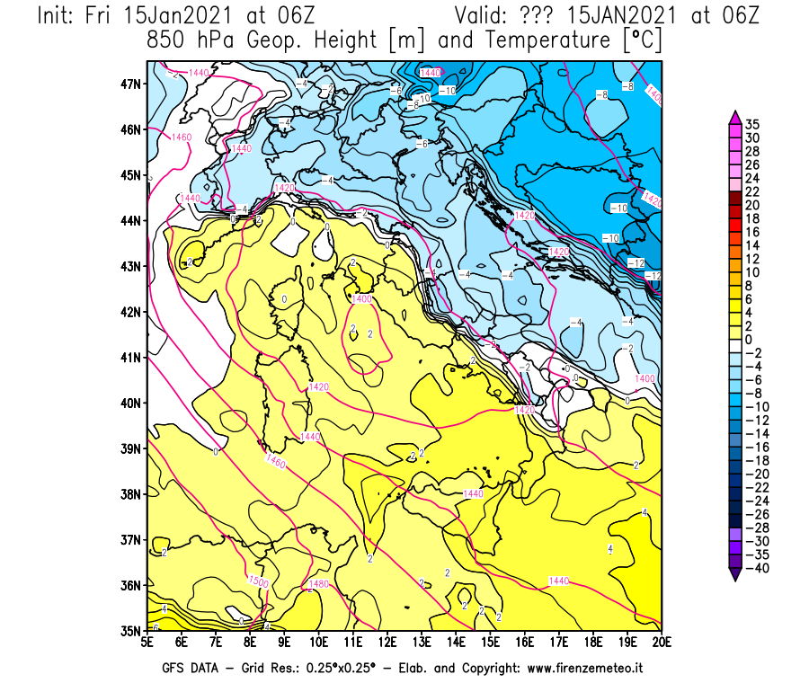 Mappa di analisi GFS - Geopotenziale [m] e Temperatura [°C] a 850 hPa in Italia
									del 15/01/2021 06 <!--googleoff: index-->UTC<!--googleon: index-->