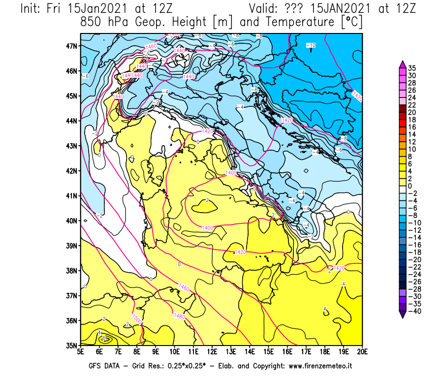 Mappa di analisi GFS - Geopotenziale [m] e Temperatura [°C] a 850 hPa in Italia
									del 15/01/2021 12 <!--googleoff: index-->UTC<!--googleon: index-->