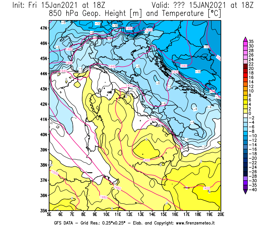 Mappa di analisi GFS - Geopotenziale [m] e Temperatura [°C] a 850 hPa in Italia
									del 15/01/2021 18 <!--googleoff: index-->UTC<!--googleon: index-->