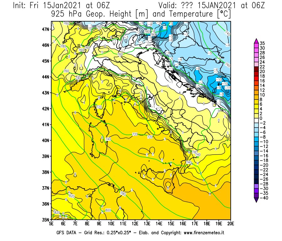 Mappa di analisi GFS - Geopotenziale [m] e Temperatura [°C] a 925 hPa in Italia
									del 15/01/2021 06 <!--googleoff: index-->UTC<!--googleon: index-->