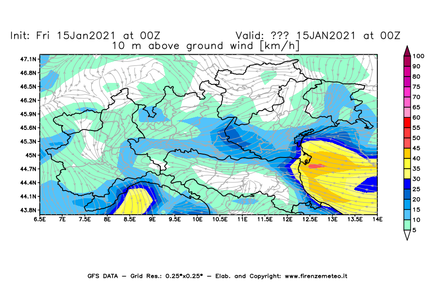 Mappa di analisi GFS - Velocità del vento a 10 metri dal suolo [km/h] in Nord-Italia
									del 15/01/2021 00 <!--googleoff: index-->UTC<!--googleon: index-->